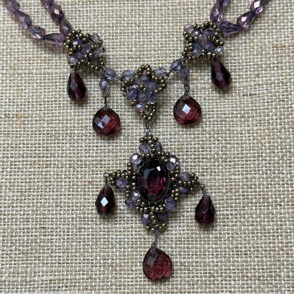 Victorian Style Purple Glass Beaded Necklace Bohemian Princess Romantic 16”